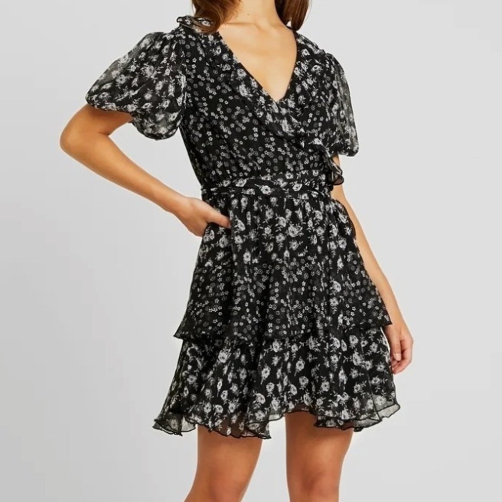 Topshop Mini Dress Floral Ruffle Wrap 8 Black White Puff Sleeve Boho Romantic